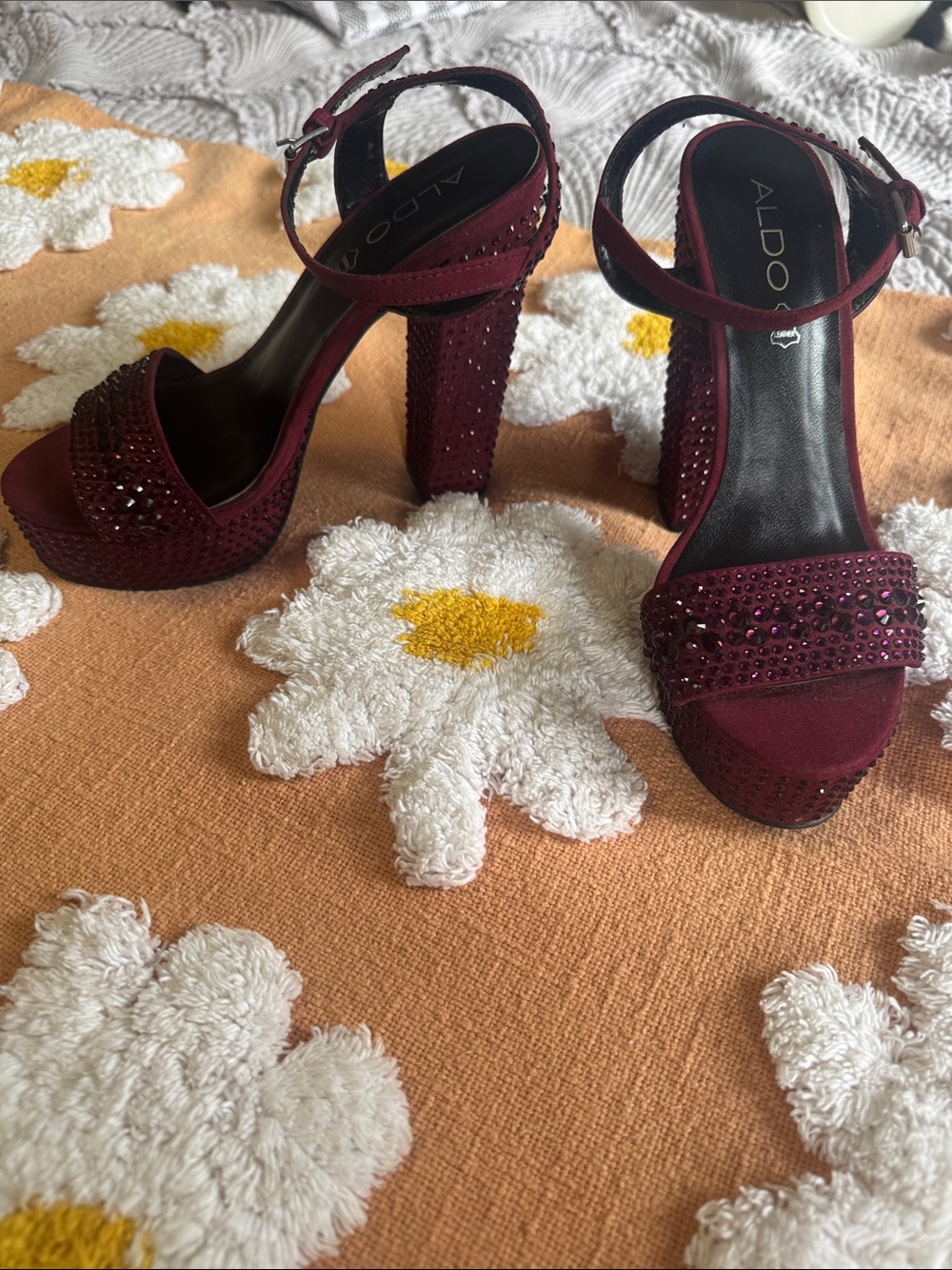 Aldo Burgundy Crystal-Embellished Block Heel Sandals